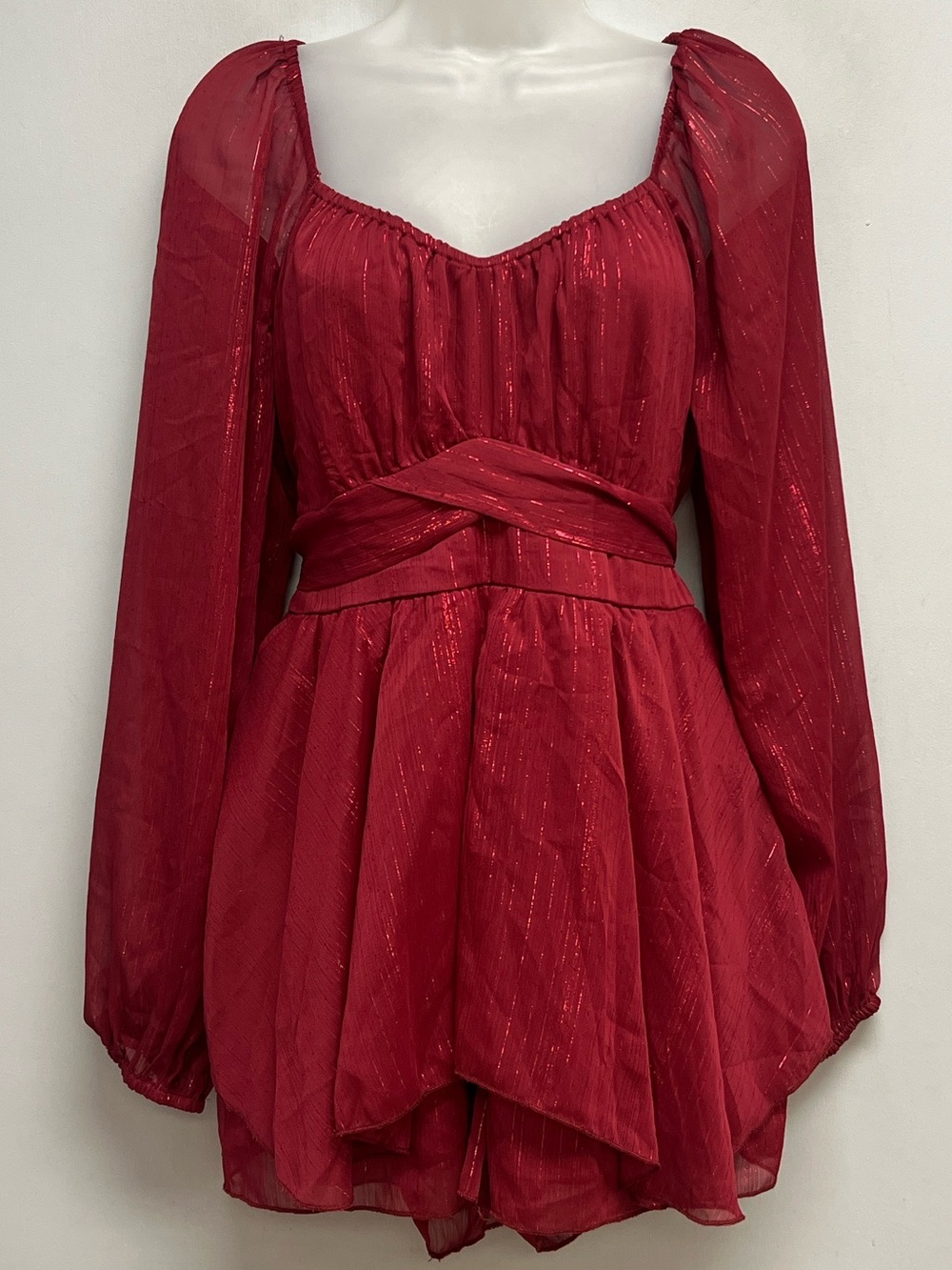 Altar’d State Burgundy Metallic Shimmer Long Sleeve Romper Size Medium